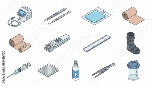 Isometric Medical Equipment Set: Healthcare, First Aid & Surgical Tools Vector Illustration