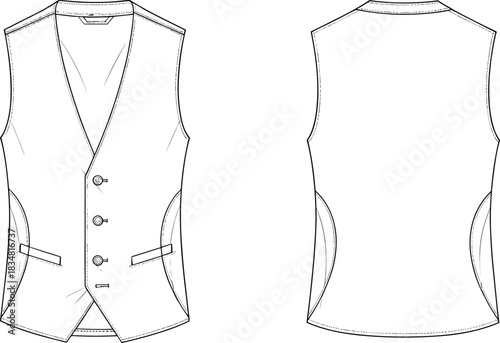 “Men’s vest fashion flat sketch, tailored waistcoat technical drawing, vector garment template with buttons, welt pockets and structured construction lines”