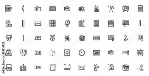 Education icon set. Minimal vector line icons pack. ncludes symbols for exam, raduation, student, teache, school, book, learning, cience, and more. Editablestroke.