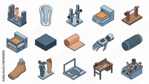 Isometric illustration of prosthetic manufacturing process, including 3D printing, molds, robotic arm, and tools for custom prosthetic creation