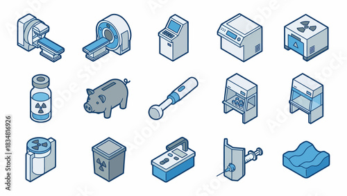 Isometric Medical and Laboratory Equipment Icons Illustration: Radiology, Nuclear Medicine, and Biohazard Safety Concepts