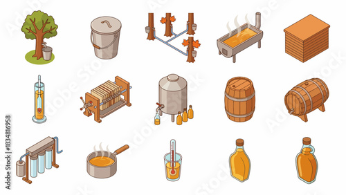 Isometric Maple Syrup Production Illustration: From Tree Tapping to Bottling, A Commercial Process Diagram
