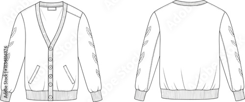 “Cardigan fashion flat sketch, technical apparel drawing, vector garment template with sleeves embroidery, detailed knitwear design illustration for designers”