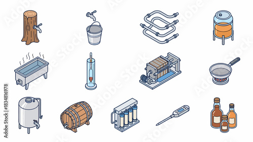 Isometric Maple Syrup Production Process - Equipment, Tools, and Bottling Illustration