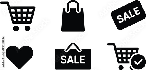 Shopping bag and sale label silhouette icons, black solid retail symbols, clean white background minimal vector style.