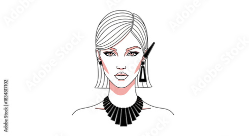 Stylized fashion illustration of a woman with geometric jewelry and chic hairstyle