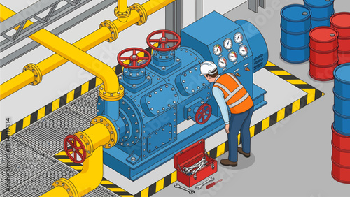 Isometric Industrial Engineer Inspecting Pipeline System, Oil and Gas Industry Maintenance, Cartoon Vector Illustration