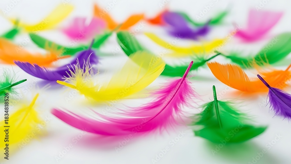 Obraz premium Vibrant assortment of colorful craft feathers scattered on a white surface