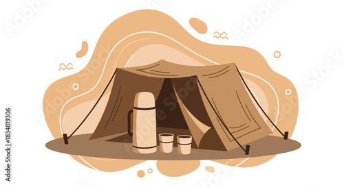 An illustrated camping scene features a tent, a thermos, and two cups, evoking a sense of adventure and outdoor exploration in a serene environment.