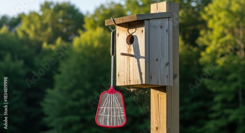 Rustic birdhouse accessorized with a practical fly swatter in a lush outdoor setting