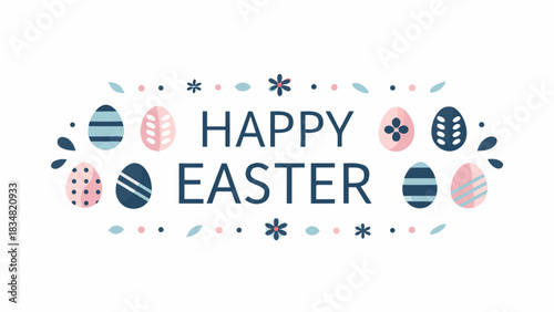 Happy easter greeting with decorative eggs and floral elements in pastel colors on a white background