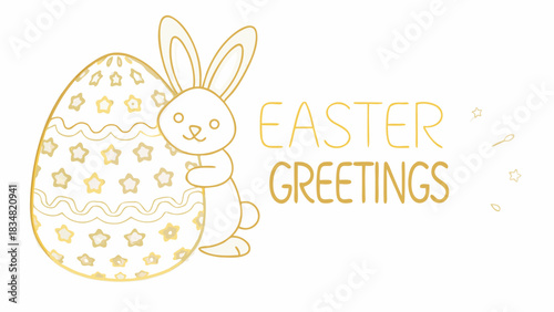 Cute cartoon easter bunny holding a decorated egg with stars and wavy lines with golden text saying easter greetings