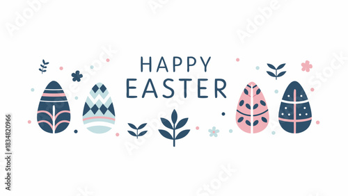 Happy easter greeting with decorative eggs and floral elements in a soft pastel color palette