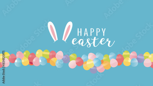 Happy easter greeting with colorful decorated eggs and cute bunny ears on a bright blue background