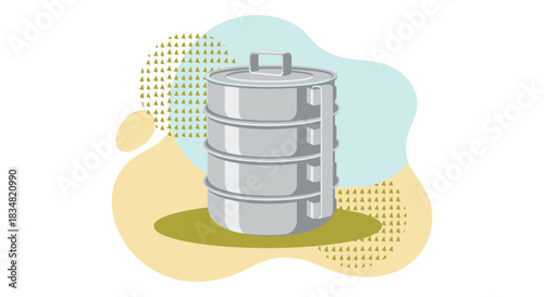 An illustrated image of a classic stainless steel tiffin carrier, perfect for carrying lunch or snacks, with a colorful abstract background.