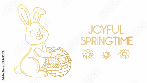 Joyful springtime greeting with a cute golden outlined bunny holding a basket of decorated easter eggs and flowers