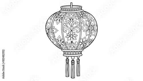 Intricate line art illustration of a traditional Chinese lantern, adorned with floral and geometric patterns, hanging with tassels.