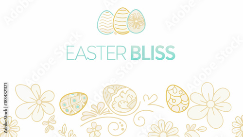 Elegant easter bliss greeting with decorative eggs and floral elements in pastel colors on a white background