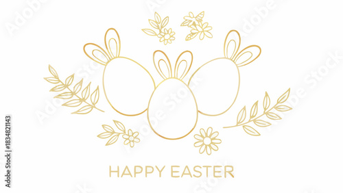 Elegant gold outline of easter eggs with bunny ears surrounded by delicate floral branches and the text happy easter
