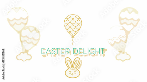 Whimsical easter delight with decorative eggs balloons and a cute bunny illustration on a white background