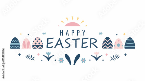 Happy easter greeting with decorative elements including patterned eggs bunny ears flowers and a rising sun illustration