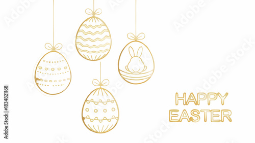 Elegant gold outline easter eggs with a bunny and happy easter text on a white background