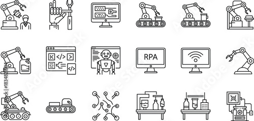 Industrial Robotics, Automation, and Manufacturing Icon Set: Robotic Arm, Conveyor Belt, RPA, Programming, and Smart Factory Line Art Vector