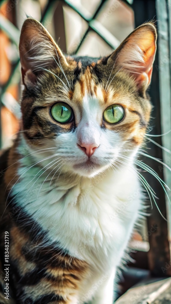 Obraz premium Feral beauty tamed a stunning calico cat with piercing green eyes and clipped ears tells a story of love and care
