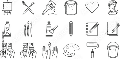 Art and Painting Creative Tools Icon Set: Paint Brushes, Canvas Easel, Palette, Pencil, Sculpture, and Artistic Hobby Line Art Vector
