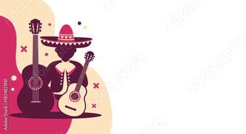 An illustration of a mariachi musician with guitars and a sombrero, celebrating Mexican culture with a festive design.