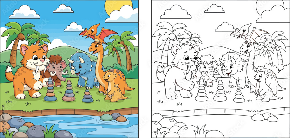 Naklejka premium Cute cartoon prehistoric animals stacking stones game vector illustration. Adorable saber-toothed tiger, mammoth, triceratops and dinosaur friends playing by river.