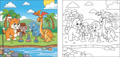 Cute cartoon prehistoric animals stacking stones game vector illustration. Adorable saber-toothed tiger, mammoth, triceratops and dinosaur friends playing by river.