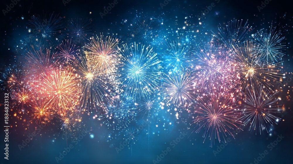Fototapeta premium Vibrant fireworks illuminating deep blue night sky festive New Year celebration abstract background for congratulations greeting and invitation cards