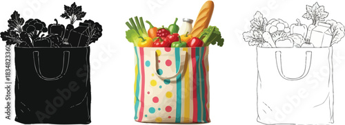 Colorful grocery shopping bag with fresh vegetables in black colorful and white trio style