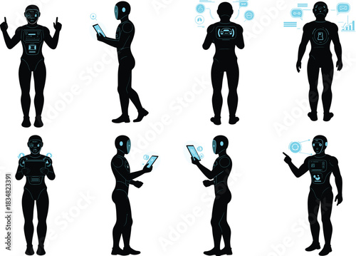 Robot silhouettes, AI interaction poses, digital interface icons, cad drawing flat vector illustration, black humanoid cyborgs, tech activity graphics