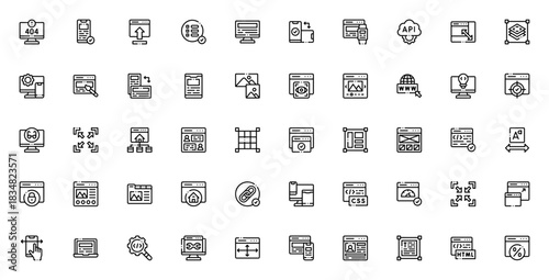 Responsive Design icon set. Web vector icons pack. Icludes symbols for 404 errr, Smartphone, Monitor, Laout, Coding, Tablet, Interace and more.