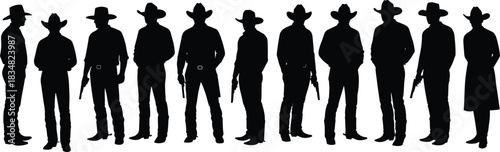Cowboy silhouettes, gunslinger poses, Western icons, outlaw figures, cad drawing flat vector illustration, black wild west characters, frontier graphics
