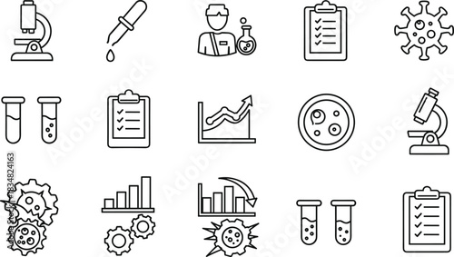 Laboratory Scientific Research and Technology Icon Set: Microscope, Test Tubes, Chemical Pipette, Virus, and Data Analysis Line Art Vector
