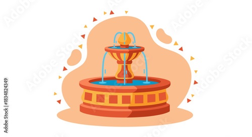 A beautifully illustrated fountain illustration with water flowing, set against an abstract orange background, perfect for design needs.