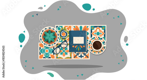 A cozy flat lay features a book, glasses, coffee, and a decorative plate set on a patterned surface, creating a relaxing scene.