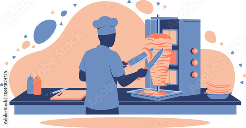 A chef expertly carves a delicious shawarma from a rotating spit, preparing a flavorful meal for hungry customers in a vibrant restaurant setting.