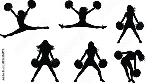 Black silhouette vector set of six women cheerleaders in dynamic action poses, jumping, split, and dancing figures with pom-poms, isolated graphic collection on white background