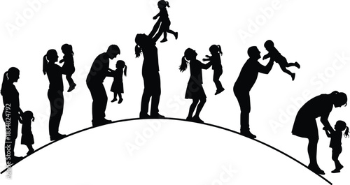 A black silhouette vector illustration depicting various moments of parent-child bonding, joy, love, and childhood development showing mothers and fathers playing with young girls on an arc.