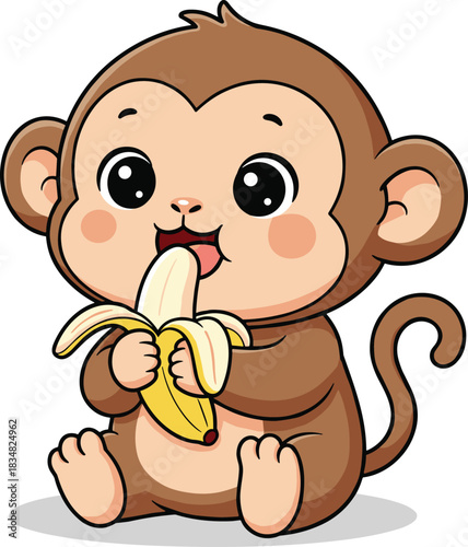Baby monkey, cartoon animal, holding banana, cute character, expressive eyes, rosy cheeks, jungle theme, playful pose, kids art, flat vector illustration