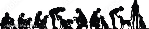 Black silhouette vector set of diverse people interacting with dogs, petting, sitting, and standing figures, human-animal bonding, pet companionship concept, isolated white background