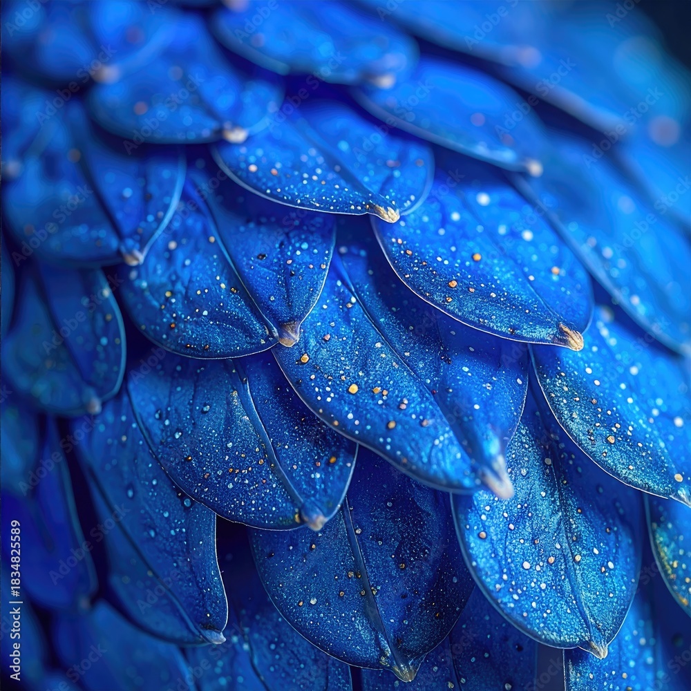 Obraz premium Close-up of many overlapping, deep blue, scale-like shapes, detailed with tiny gold specks and droplets