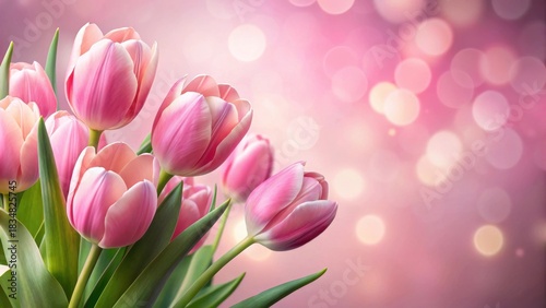 Elegant pink tulips add a touch of springtime charm to a soft pastel pink backdrop, evoking feelings of serenity and beauty