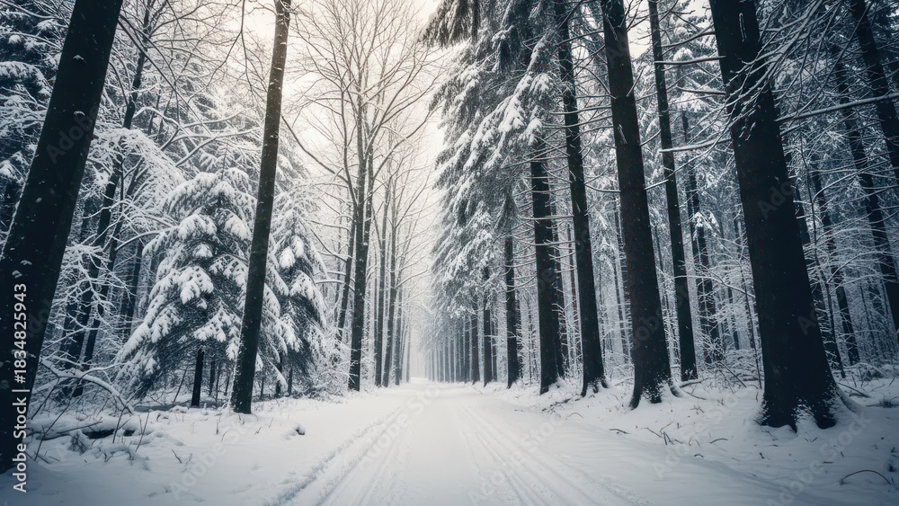 Fototapeta premium A snow-covered path winds through a forest of tall, snow-laden trees under an overcast sky