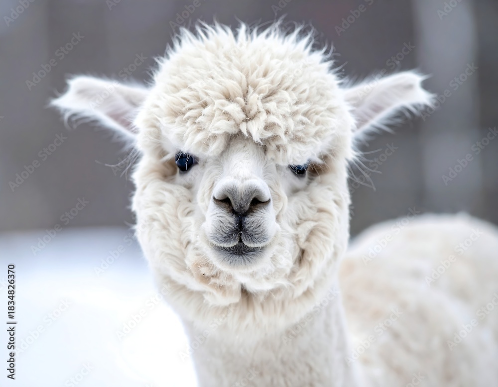 Naklejka premium Close-up portrait of a fluffy, white alpaca looking directly at the viewer with soft, blurred background, highlighting its expressive face