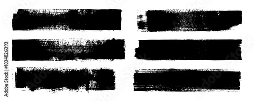 Paint brush stroke lines. Stamp effect text boxes. Straight vector brushstrokes. Black Japanese hand-drawn stripes, smears. Chinese calligraphy set. Rough punk thick dry paint texture. Letterpress bg